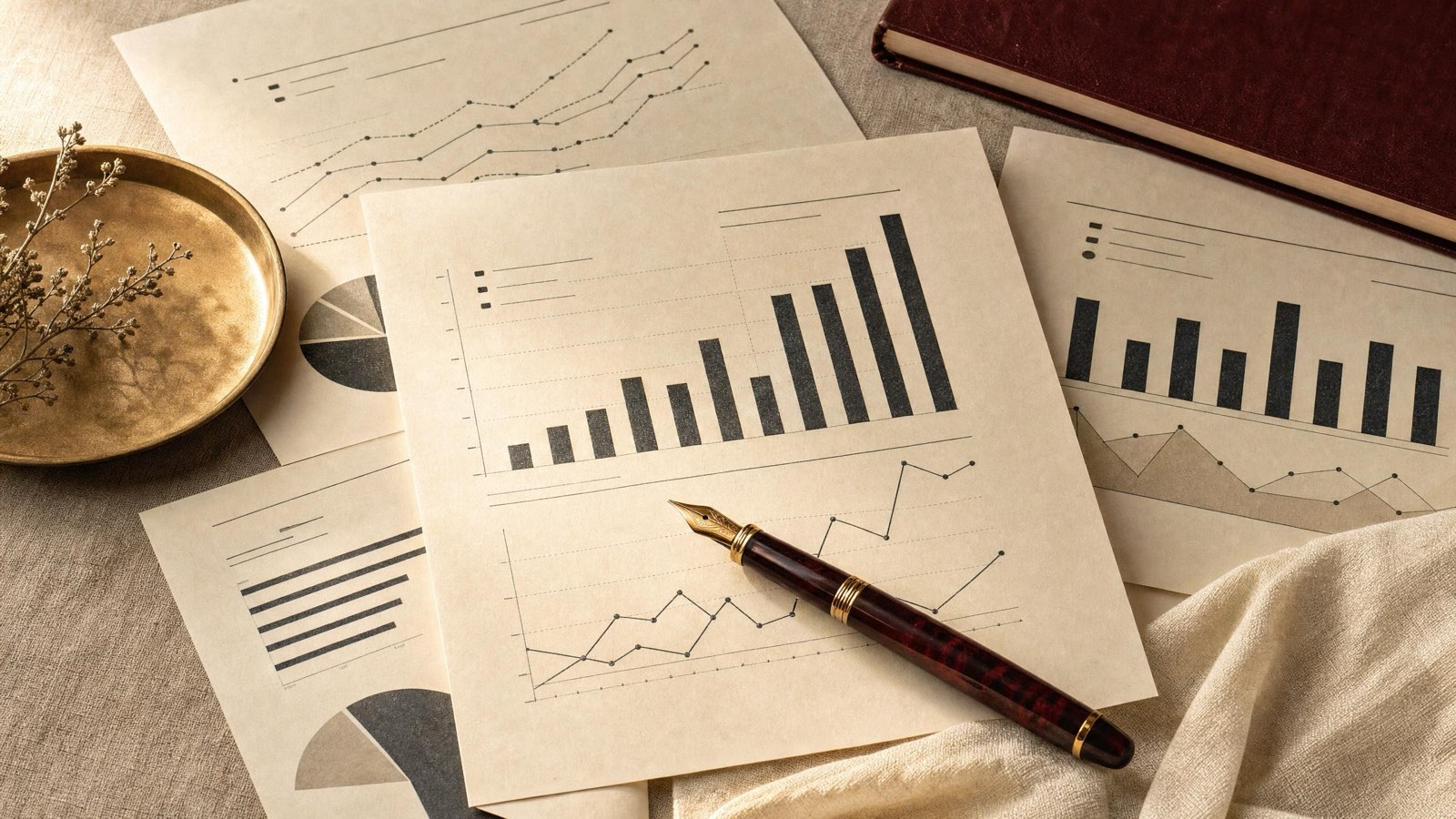 Printed reports with bar and line charts, a fountain pen resting on top